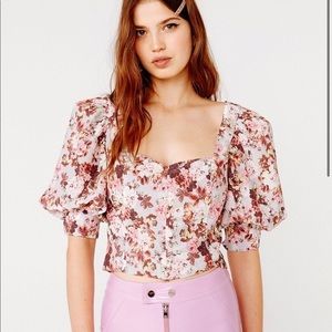 For Love and Lemons Floral Houston Puffer Sleeve Lace Up Top